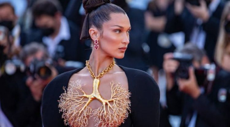 Bella Hadid wore golden lungs over her bare breasts!