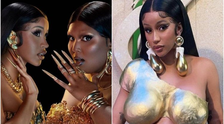 Pregnant Cardi B covers her fake breasts with gold armor in the new song by Lizzo 'Rumors'