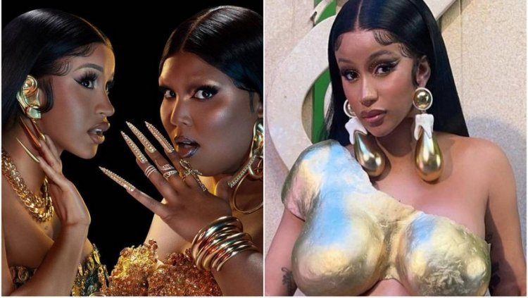 Pregnant Cardi B covers her fake breasts with gold armor in the new song by Lizzo 'Rumors'