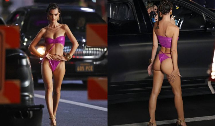 Emily Ratajkowski posed in a miniature bikini just six months after giving birth to her son