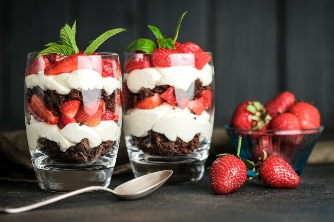 Trifle - layered cake with sponge and strawberries